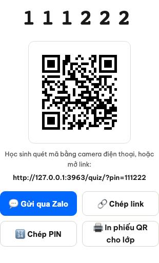 Thẻ chia sẻ bài của giáo viên có mã PIN, mã QR và các nút Gửi qua Zalo, Chép link, Chép PIN, In phiếu QR