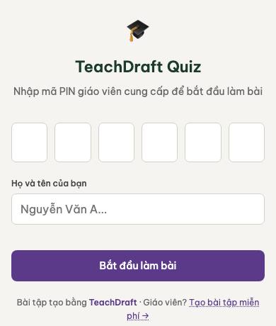 Màn hình học sinh nhập mã PIN 6 số và gõ tên để bắt đầu làm bài
